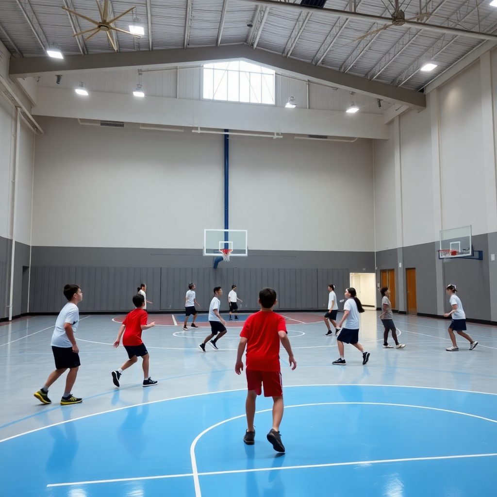 indoor basketball court with students playing, modern facility, bright lighting, professional setup