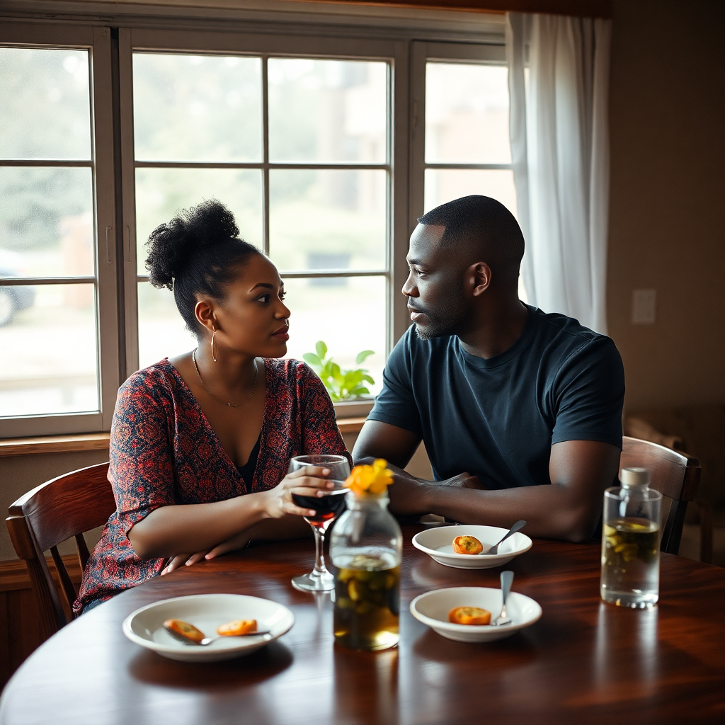 Black man and woman having deep conversation at table, natural authentic setting, documentary style photography