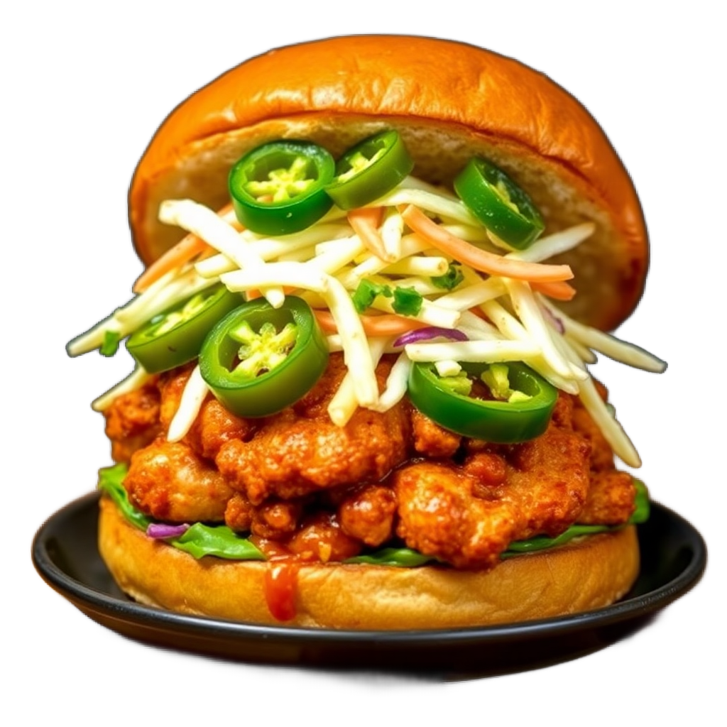 spicy chicken burger with jalapenos and coleslaw