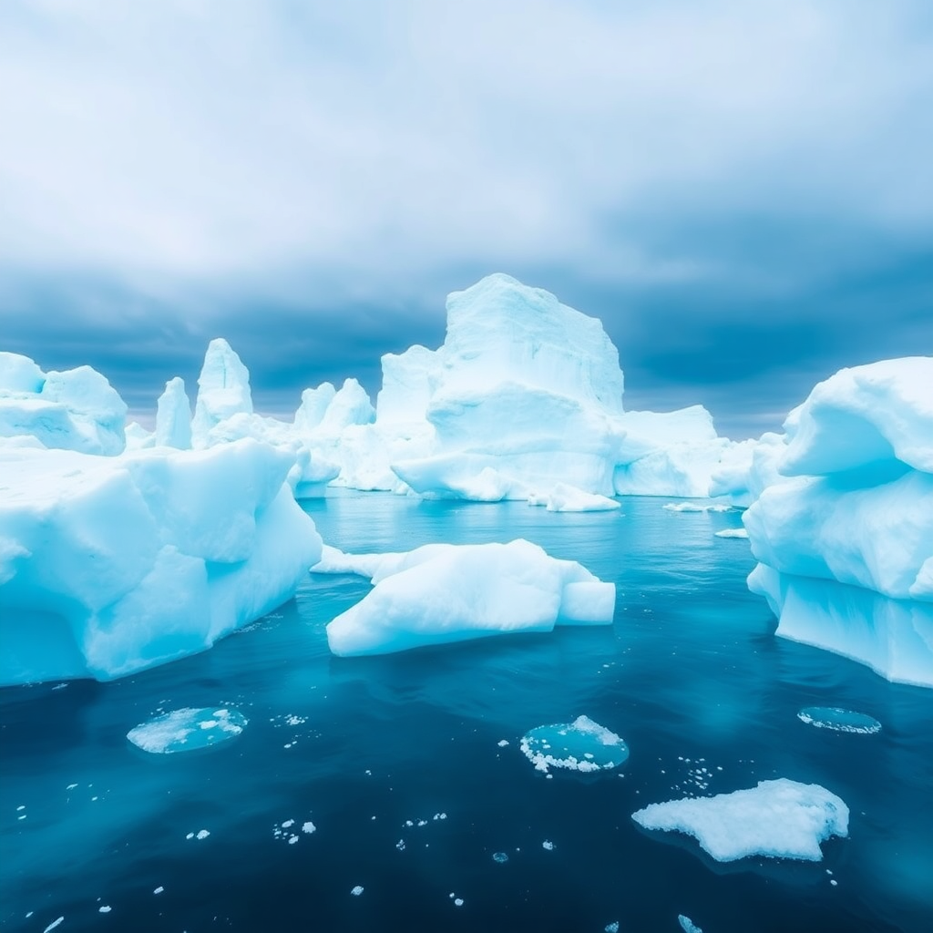 massive icebergs in Greenland waters, crystal blue ice formations, arctic ocean photography