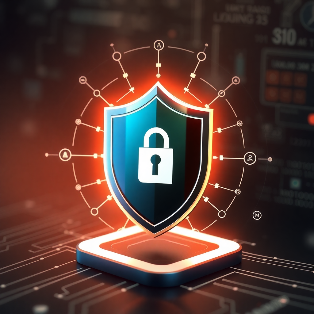 shield protection with AI technology, security analysis interface, professional trust design