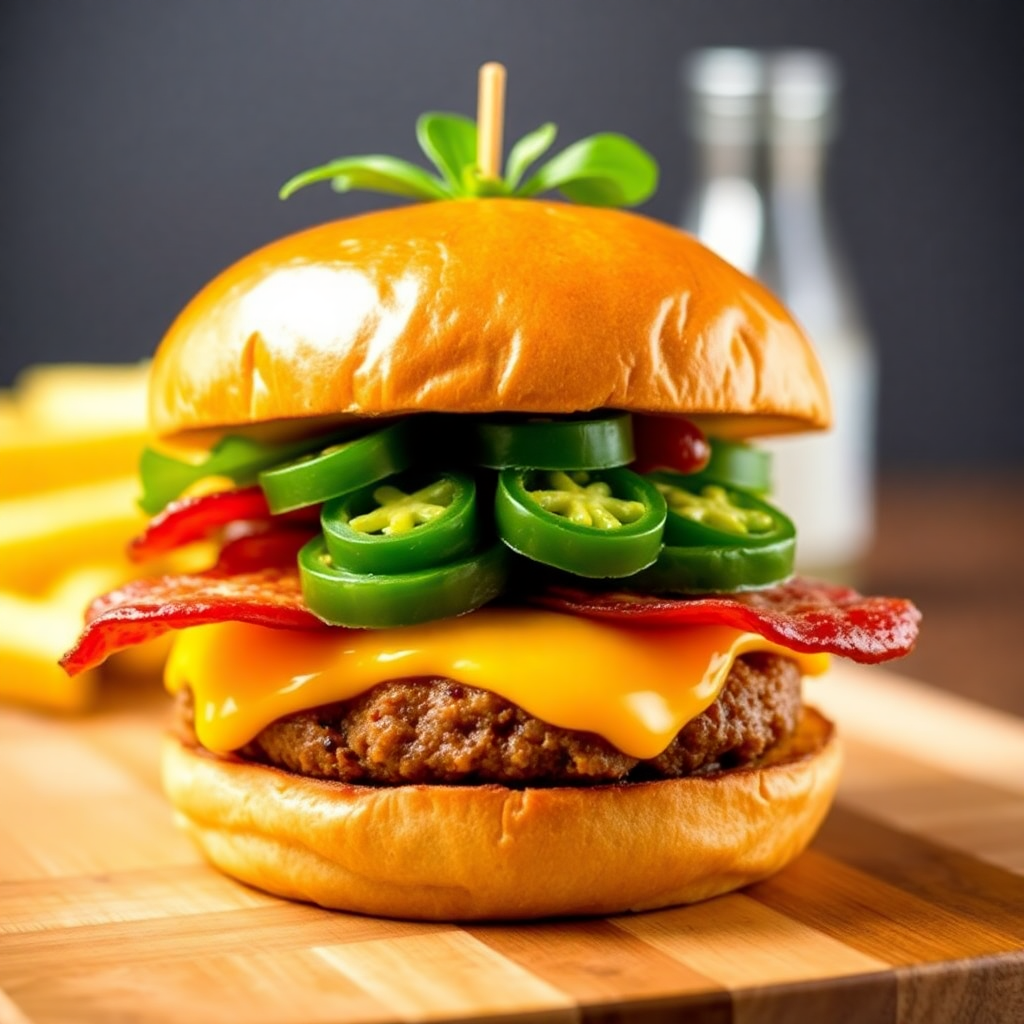 spicy jalapeño burger with bacon and pepper jack cheese, professional food shot