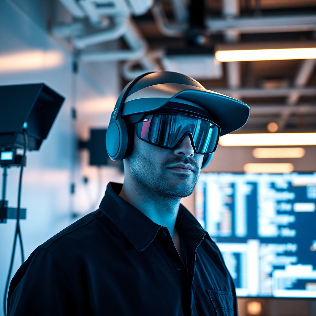cybersecurity expert working with security monitoring systems, professional photography, high-tech environment