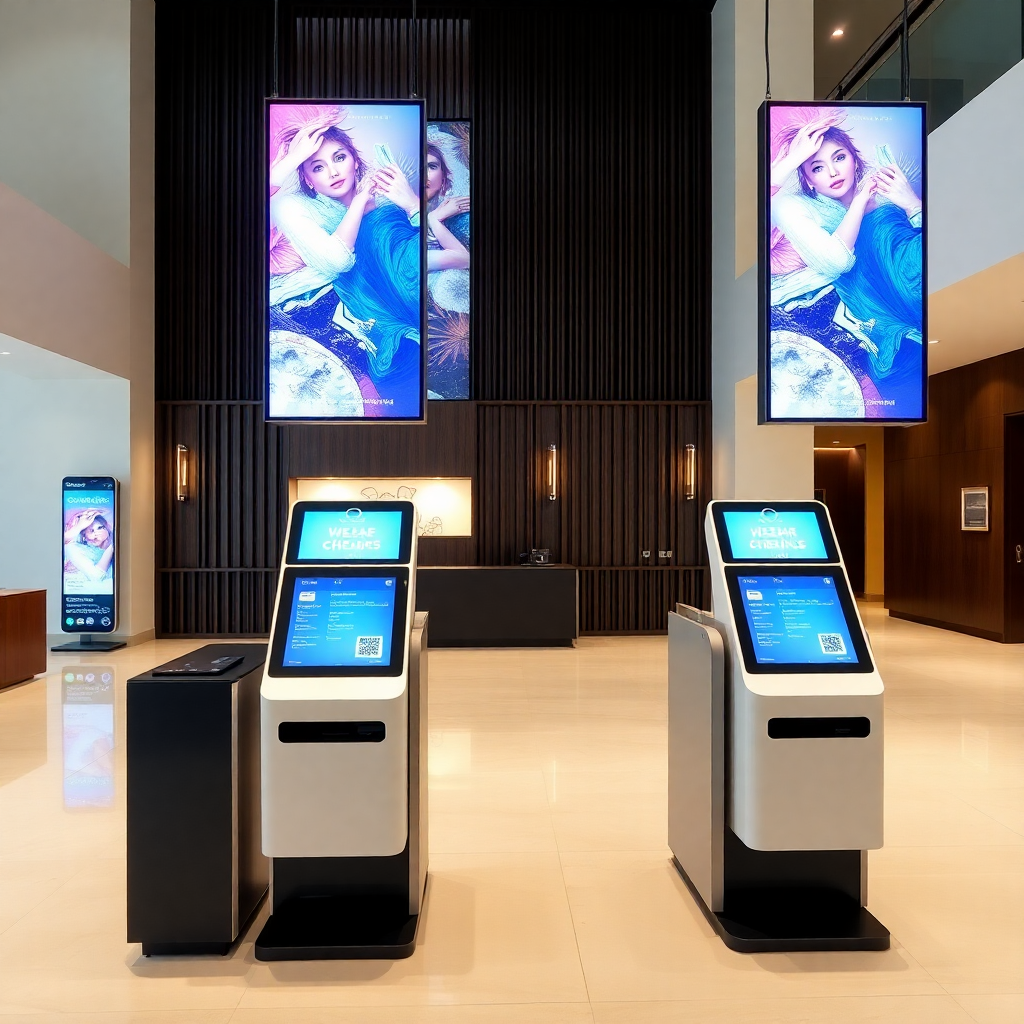 modern hotel lobby with self-checkout kiosks and digital advertising displays, clean minimalist design
