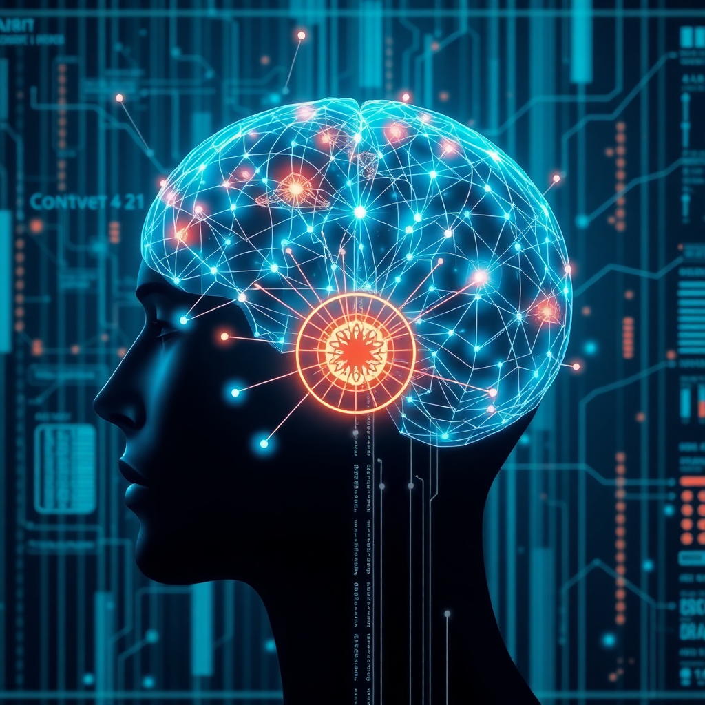 neural network visualization dashboard showing human mind patterns and micro physics data, futuristic interface