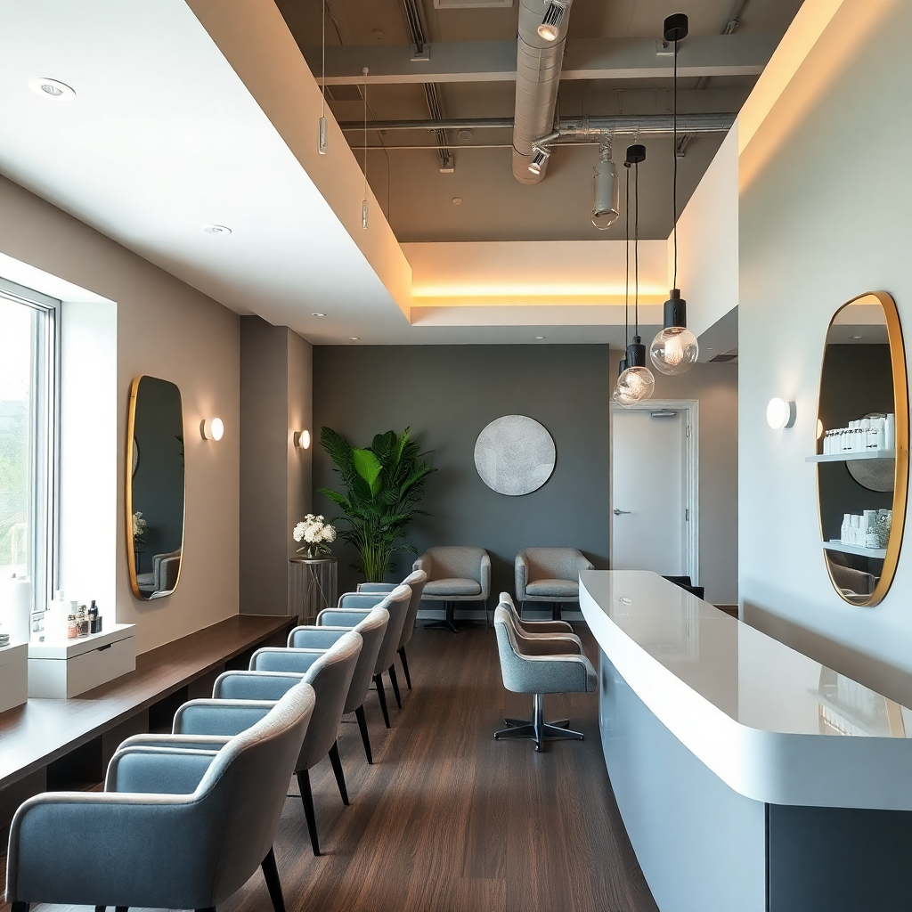 modern beauty salon reception area in Krakow, welcoming atmosphere, elegant interior design, natural lighting