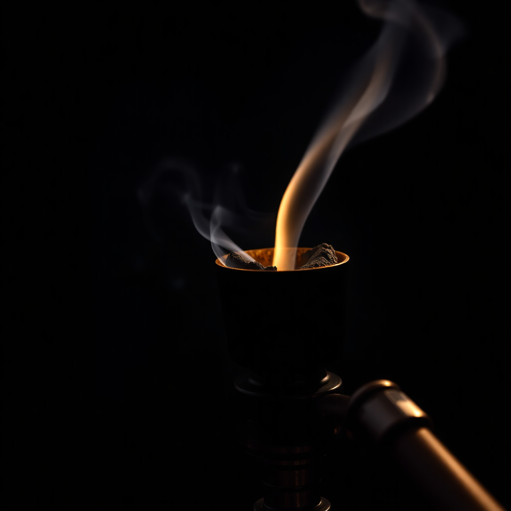 Close up of shisha pipe with glowing charcoal, artistic smoke photography, dark background, elegant, moody lighting