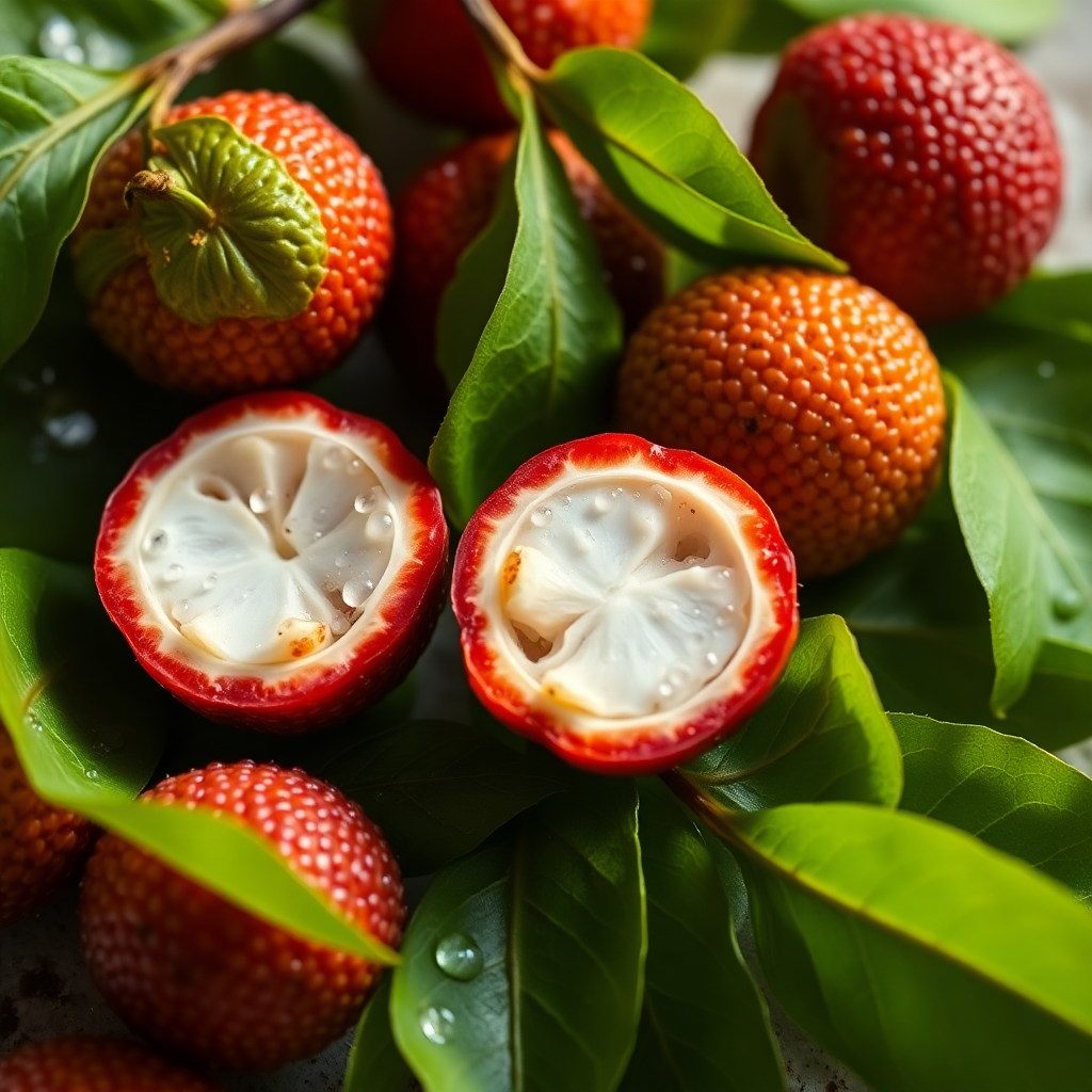 fresh litchi fruits cut in half showing juicy flesh with leaves, water droplets, bright natural lighting, cosmetic ingredient photography