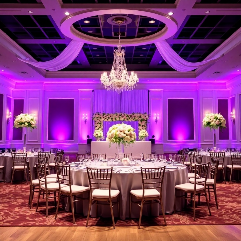 luxury wedding venue ballroom with purple lighting and floral arrangements