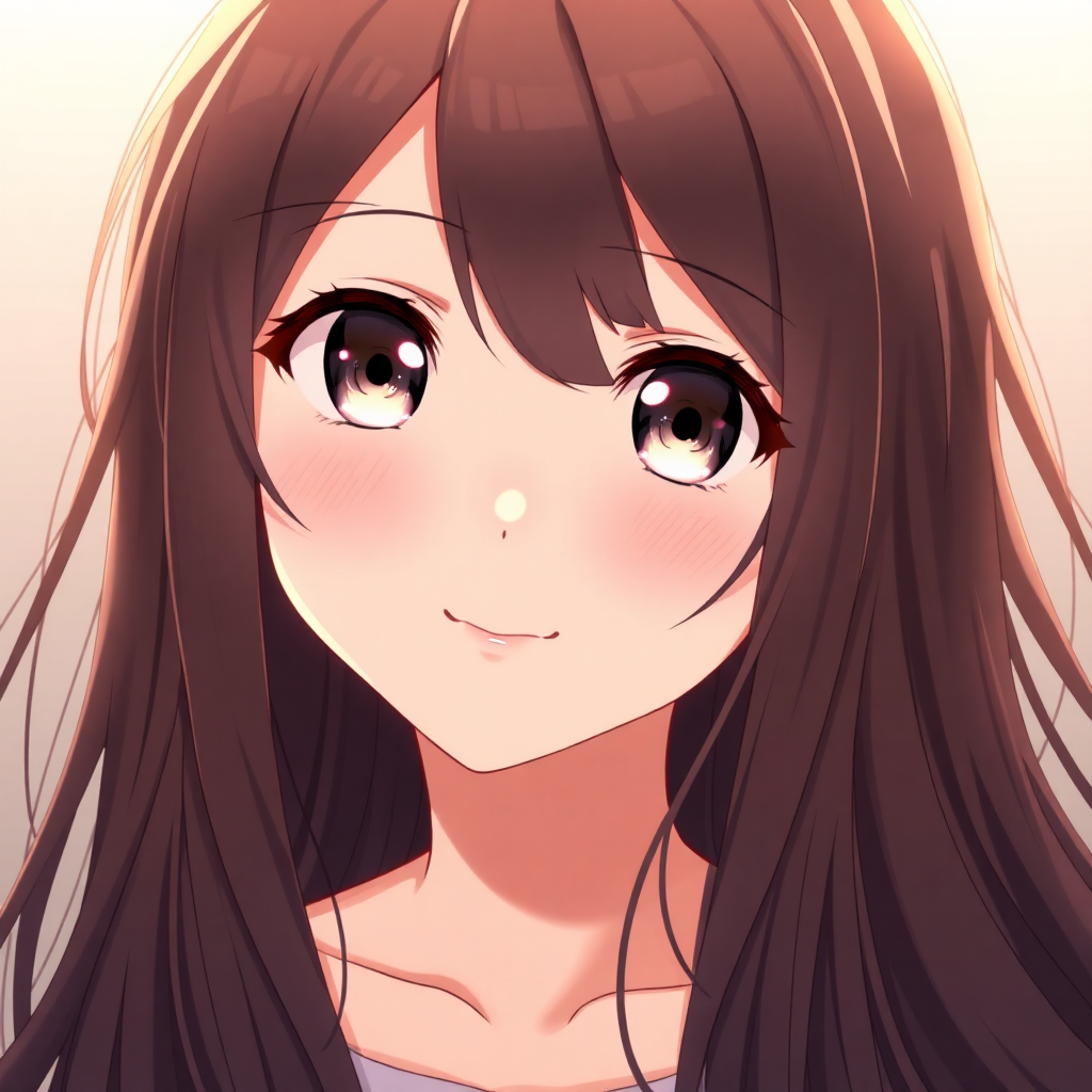 beautiful anime girl with long brown hair, warm smile, gentle eyes, soft lighting, portrait