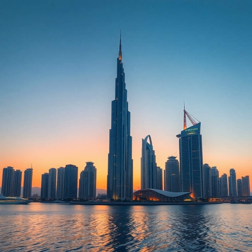 luxury high-rise architecture Dubai Marina skyline at sunset, cinematic lighting, corporate professional style