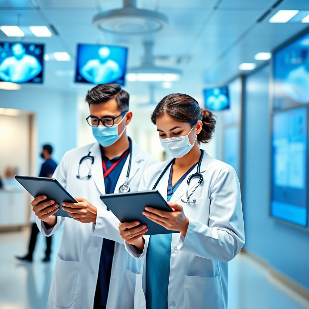 modern healthcare technology, medical professionals using tablets, hospital setting with digital displays, clean blue medical theme