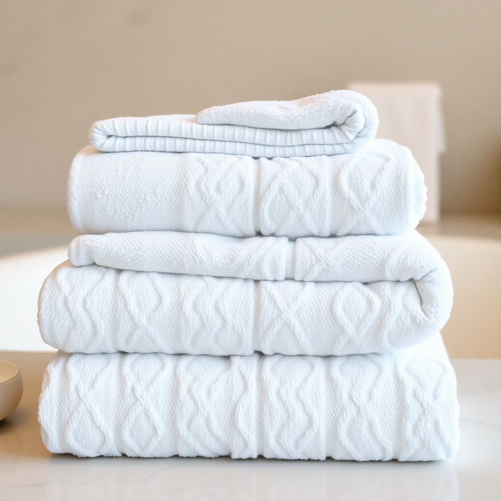 luxury cotton bath towels folded neatly in spa bathroom setting, premium hotel towels