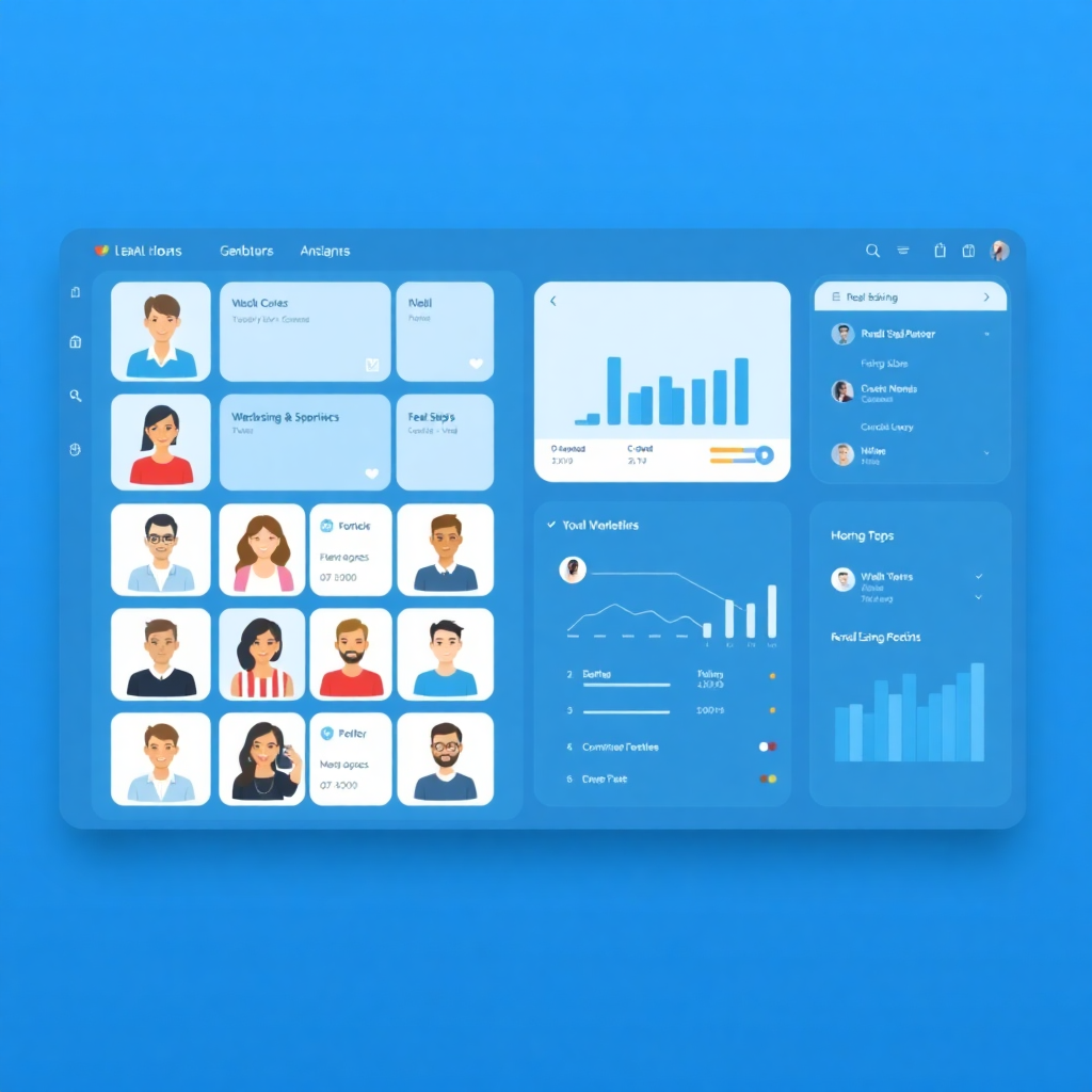 collaborative workspace interface with multiple user avatars, clean dashboard design, blue color scheme, modern real estate platform