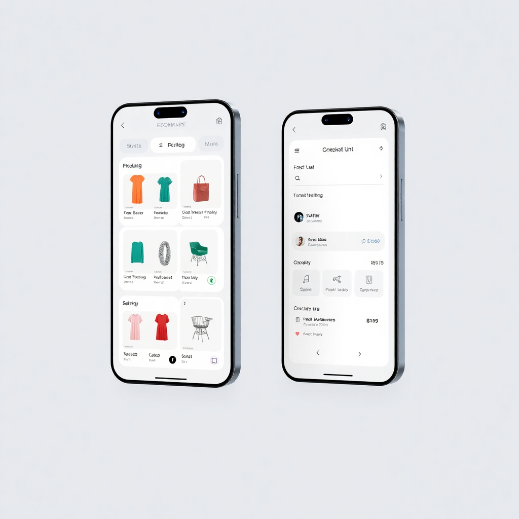 e-commerce shopping mobile app with product catalog, shopping cart, and checkout interface, modern clean design