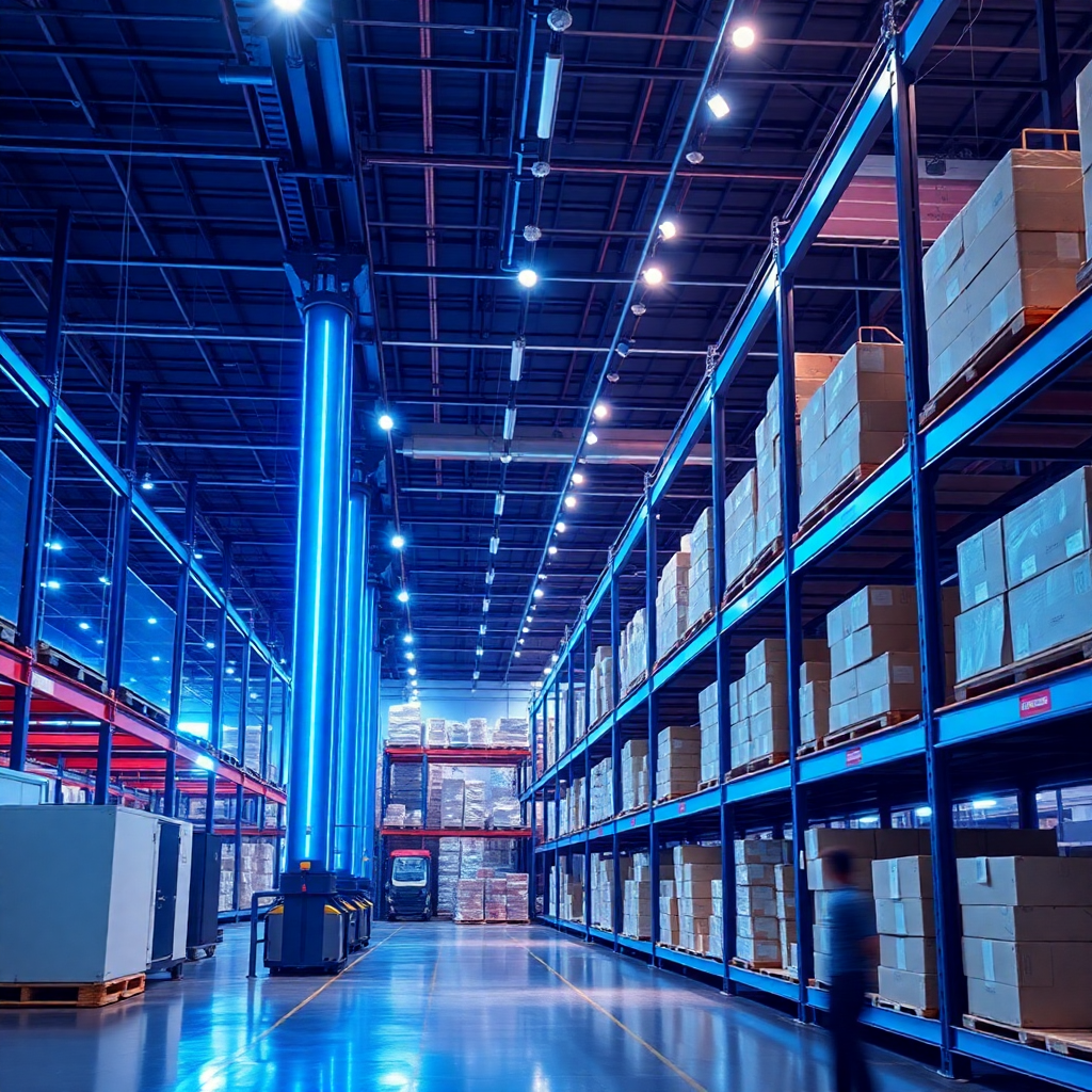 high-tech logistics warehouse with blue neon lighting, automated systems, smart manufacturing aesthetic