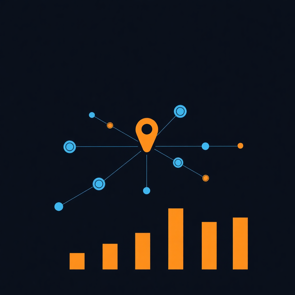 dark theme minimalist vector illustration of link building concept with connected nodes and search rankings, blue and orange accent colors, professional business style, dark background