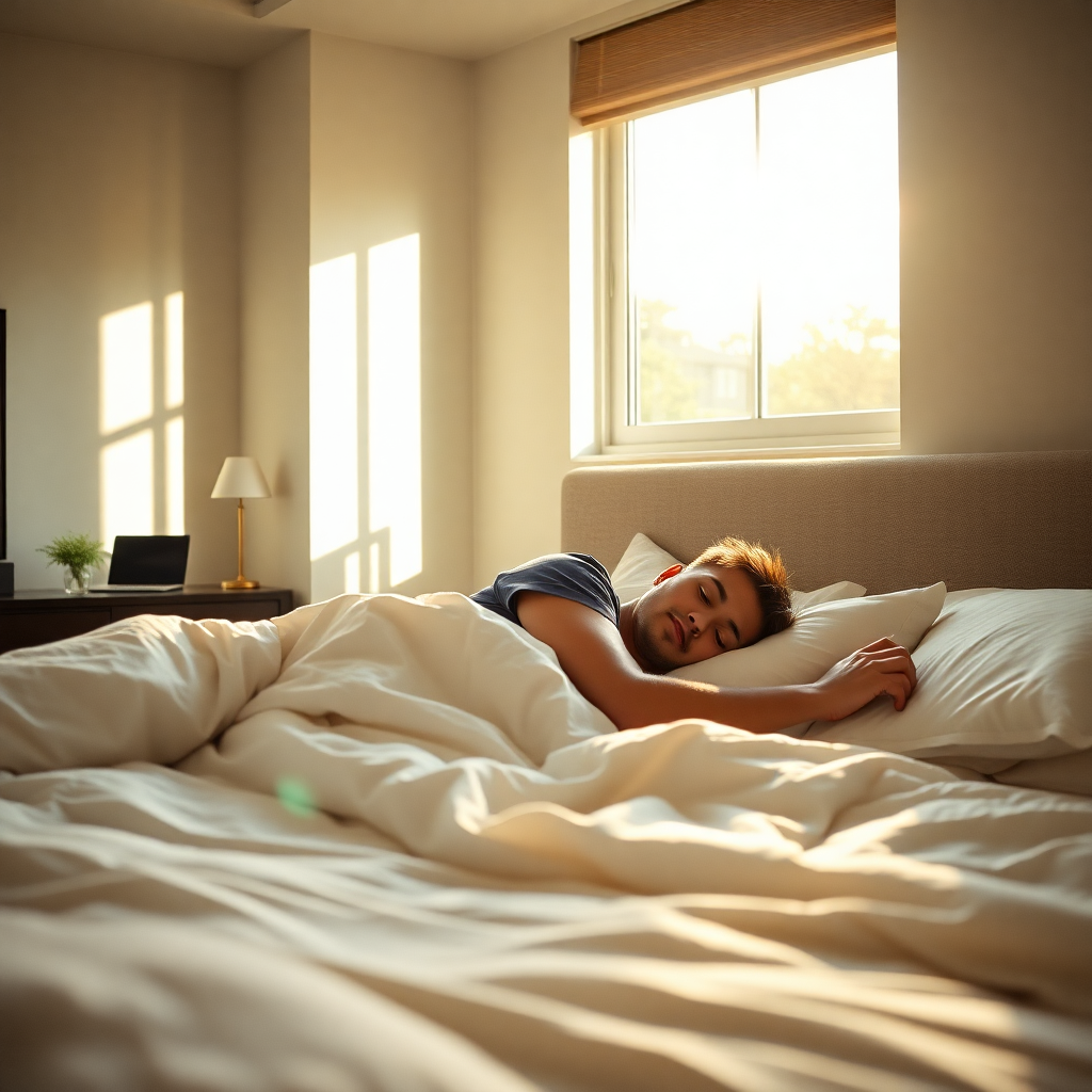 Person sleeping peacefully in modern bedroom with CPAP machine on nightstand, warm morning sunlight, serene atmosphere, premium lifestyle photography