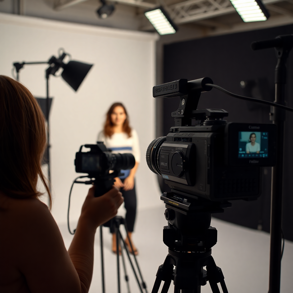 A professional camera setup filming a woman in a studio setting