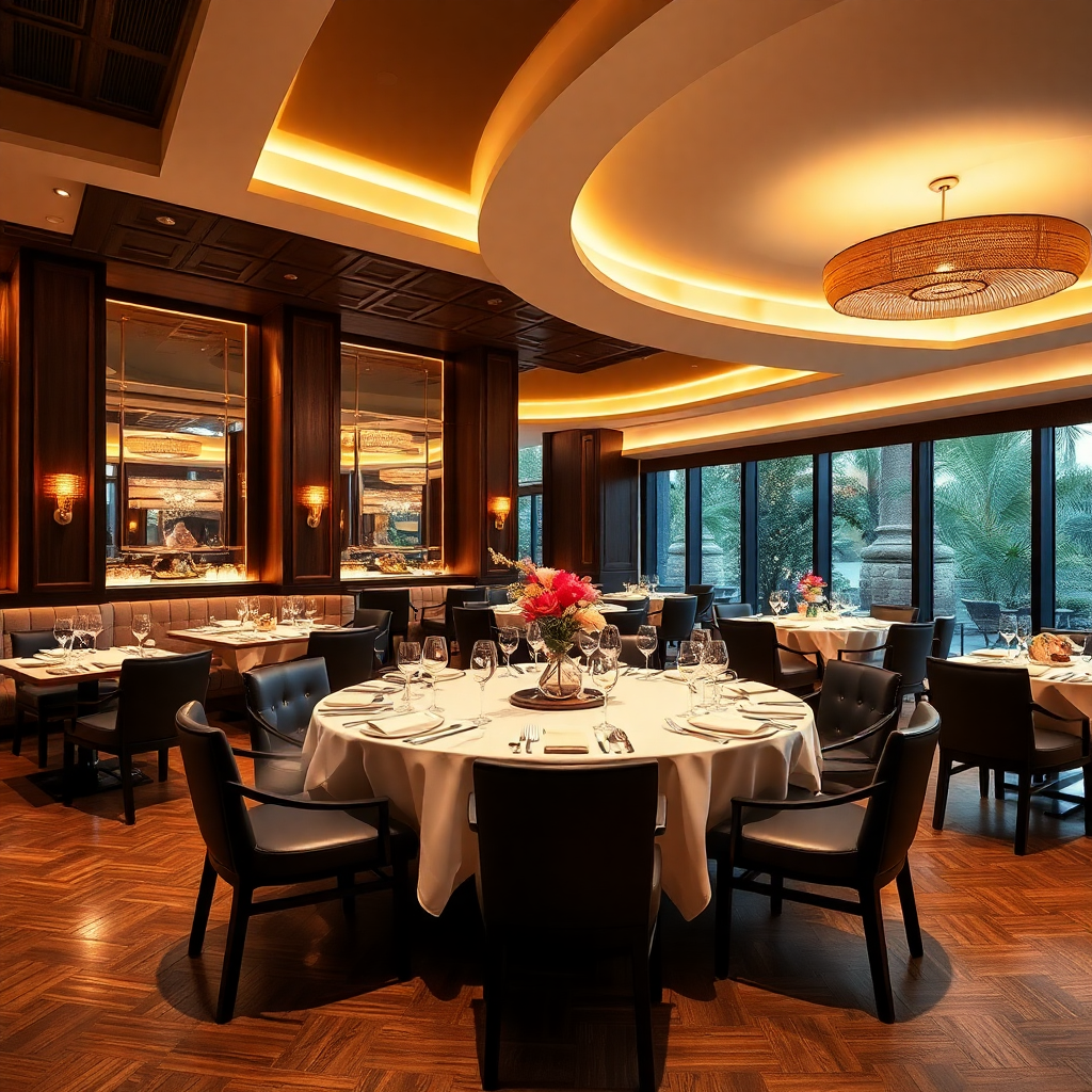 luxury restaurant dining room with warm lighting, elegant interior design