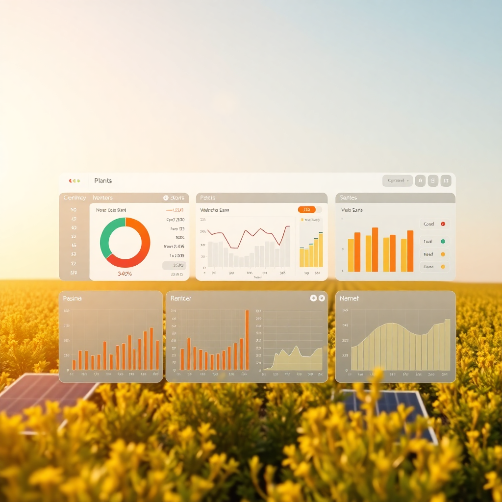 modern dashboard interface showing solar plant monitoring with charts and data visualization, clean design