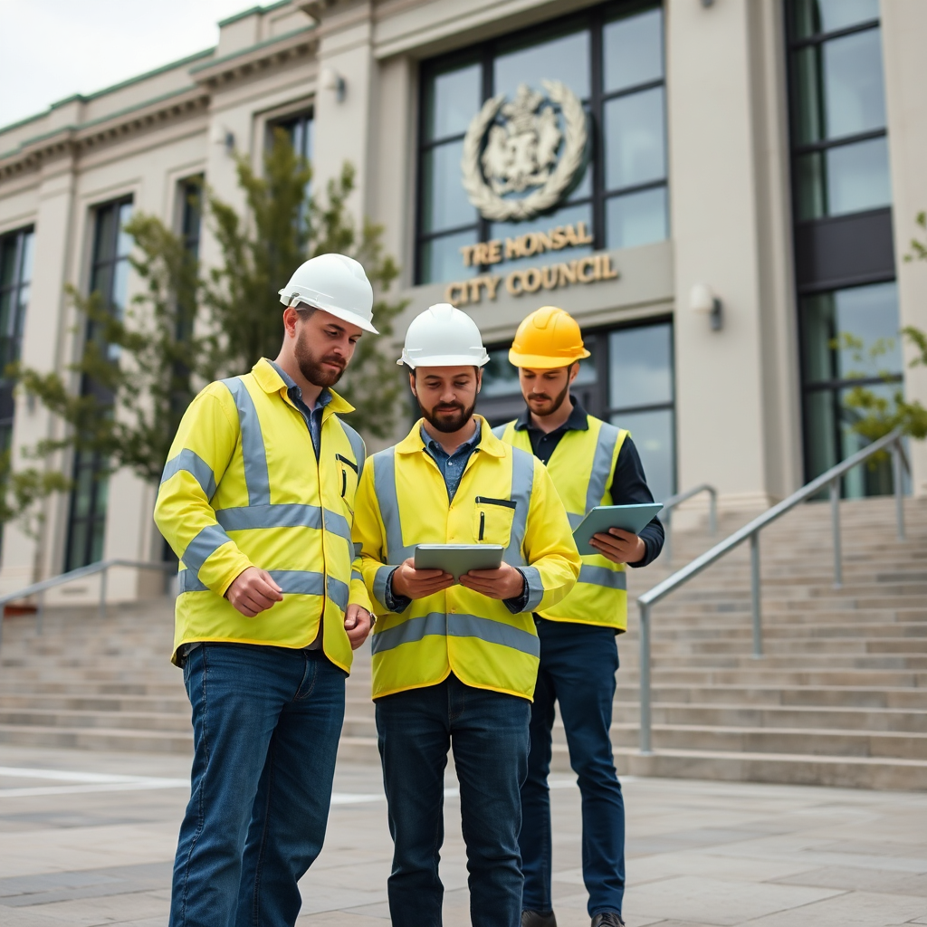 city council building with maintenance team reviewing asset management data on tablets
