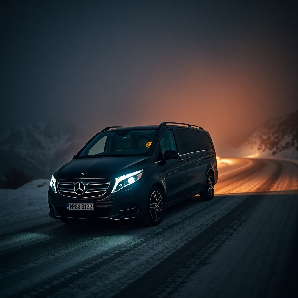 luxury private transfer vehicle Mercedes V-Class mountain road Andorra Pyrenees snow night journey premium car service editorial photography dark cinematic champagne tones