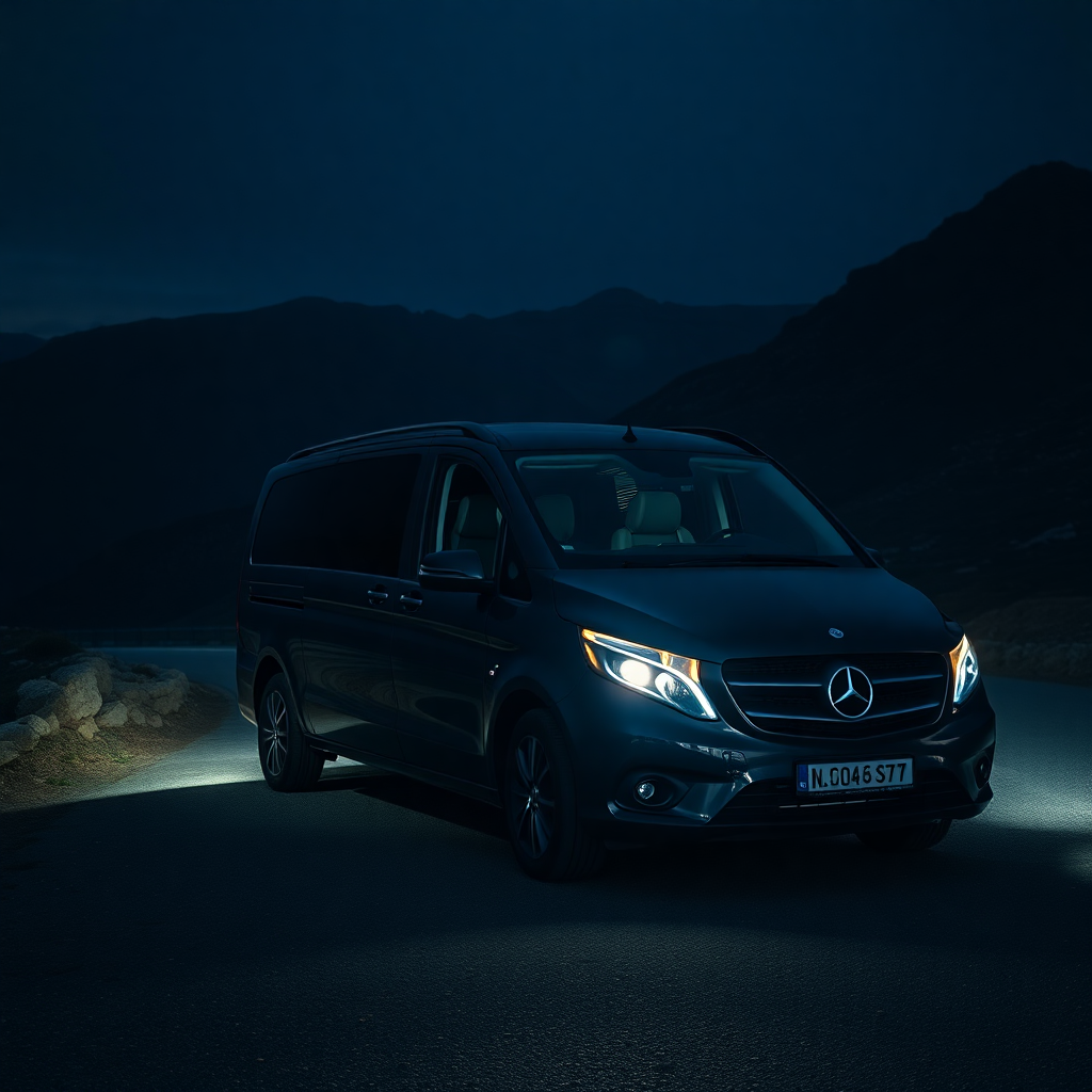 luxury private transfer vehicle Mercedes Viano Andorra mountain road Pyrenees night journey premium car service editorial photography dark cinematic champagne tones