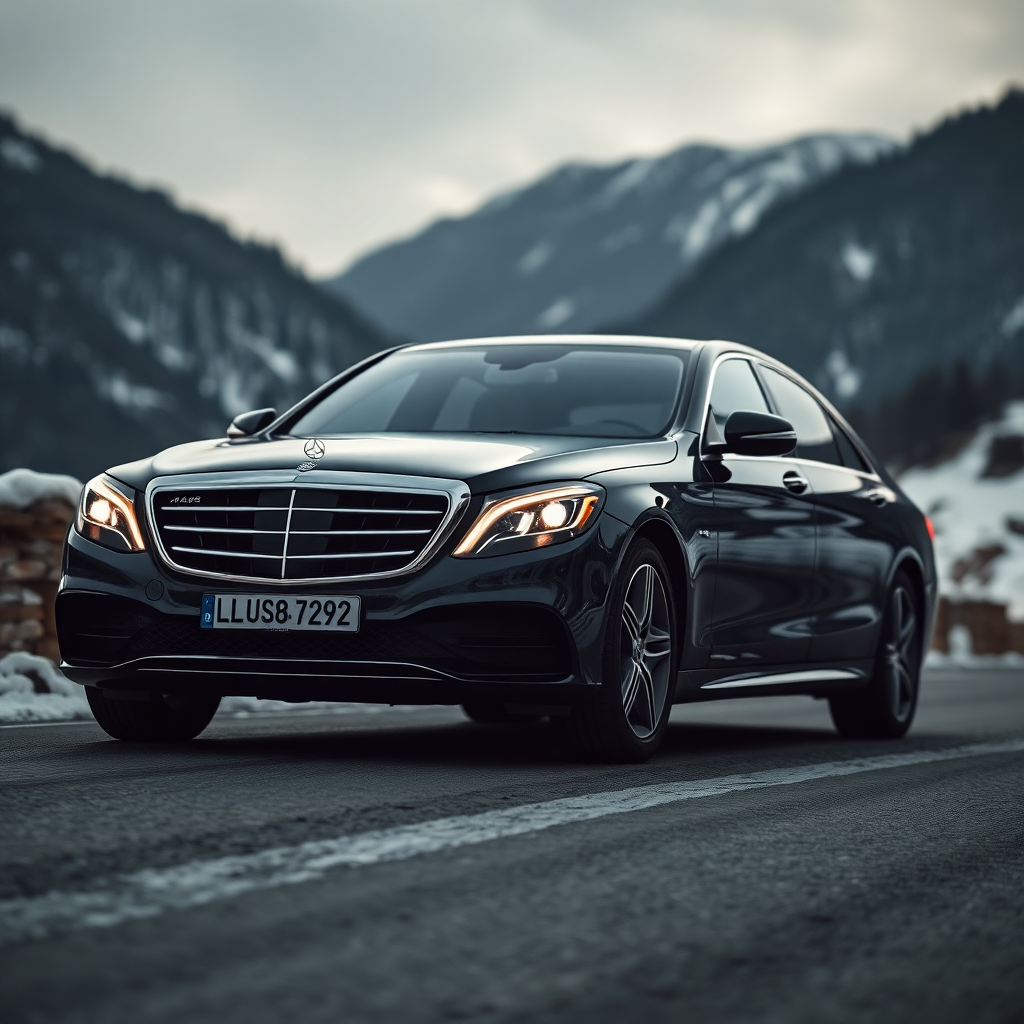 luxury private transfer vehicle Mercedes S-Class Andorra mountain road Pyrenees Soldeu winter journey premium car service editorial photography dark cinematic champagne tones
