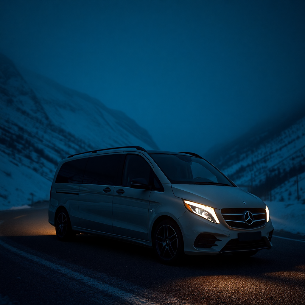 luxury private transfer vehicle Mercedes V-Class mountain road Andorra Pyrenees snow night journey premium car service editorial photography dark cinematic champagne tones mountain pass private driver