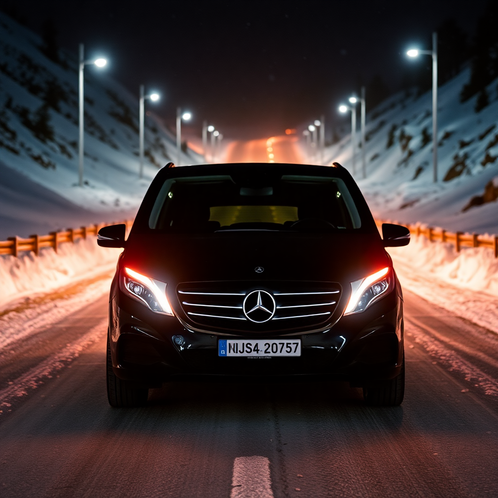 luxury private transfer vehicle Mercedes V-Class mountain road Andorra Pyrenees snow night journey premium car service editorial photography dark cinematic champagne tones mountain pass private driver alpine road