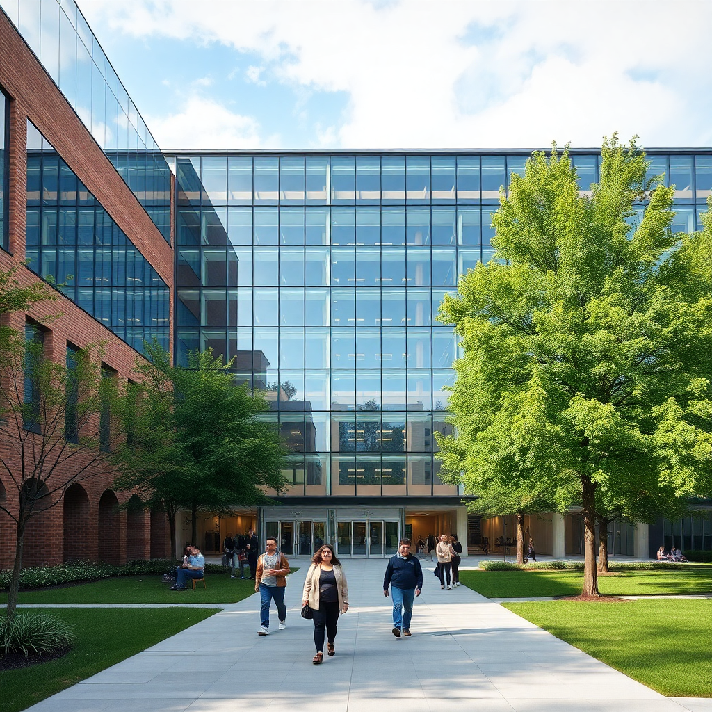 modern university campus building with glass facade and students walking, architectural photography