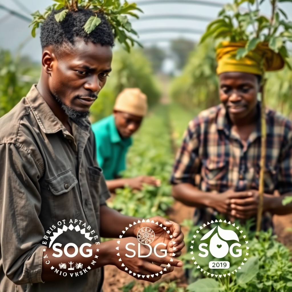 Nigerian farmers with modern agricultural technology, sustainable farming practices, professional photography with SDG logos overlaid