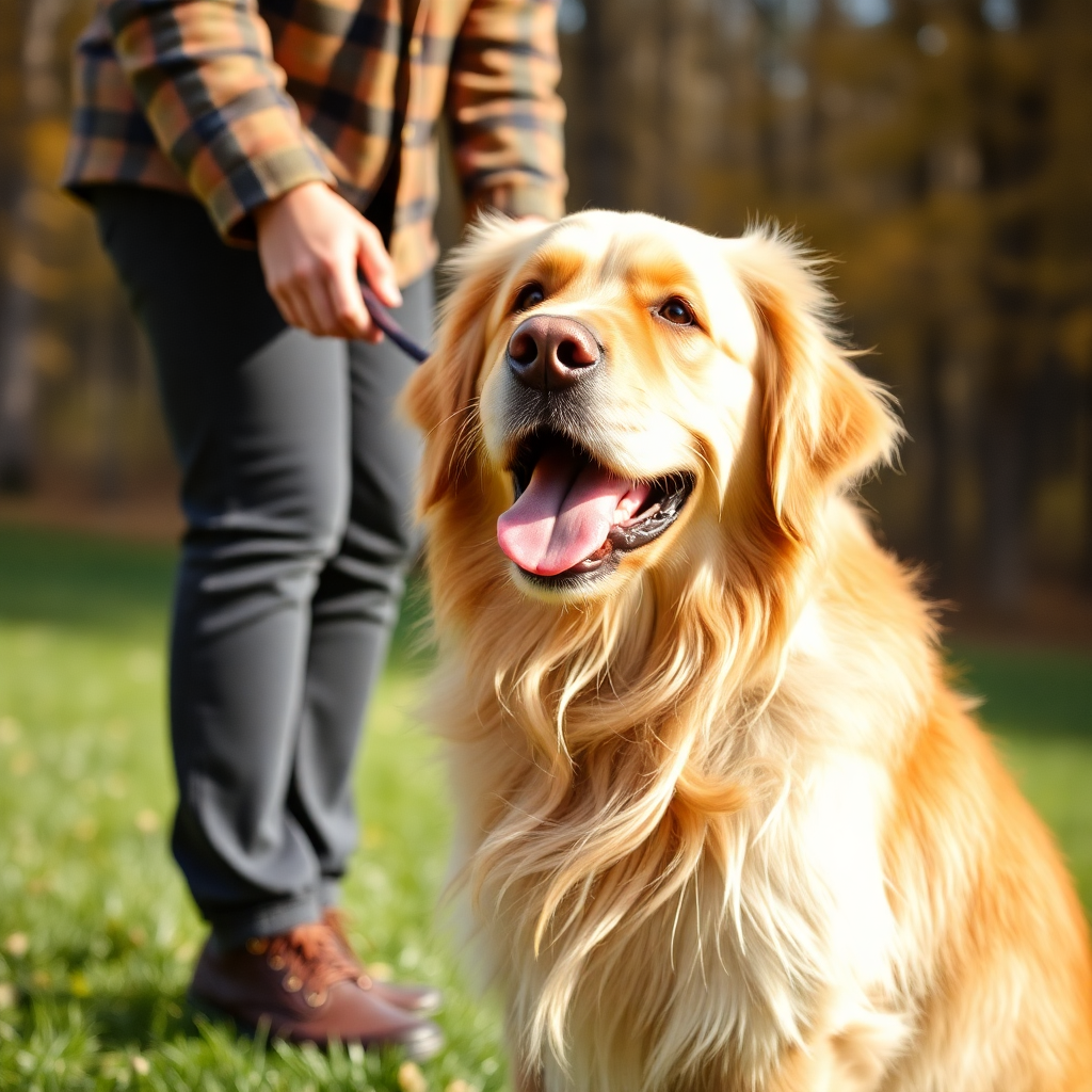 Golden retriever dog happy reunion with owner outdoors