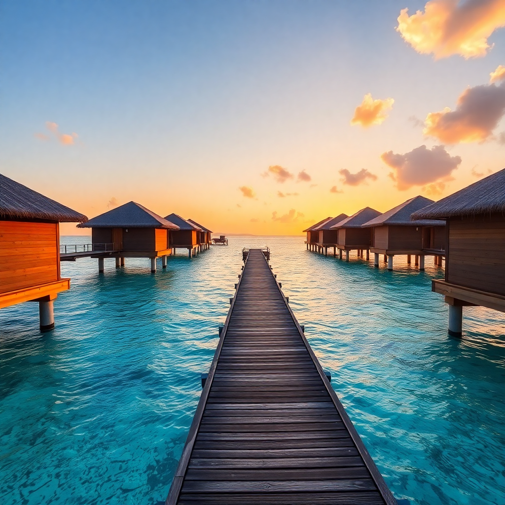 luxury overwater bungalows in Bora Bora with crystal clear turquoise water at sunrise, high resolution photography