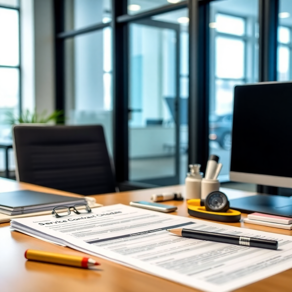 service contract documents and maintenance schedule on desk with tools, professional business setting, modern office