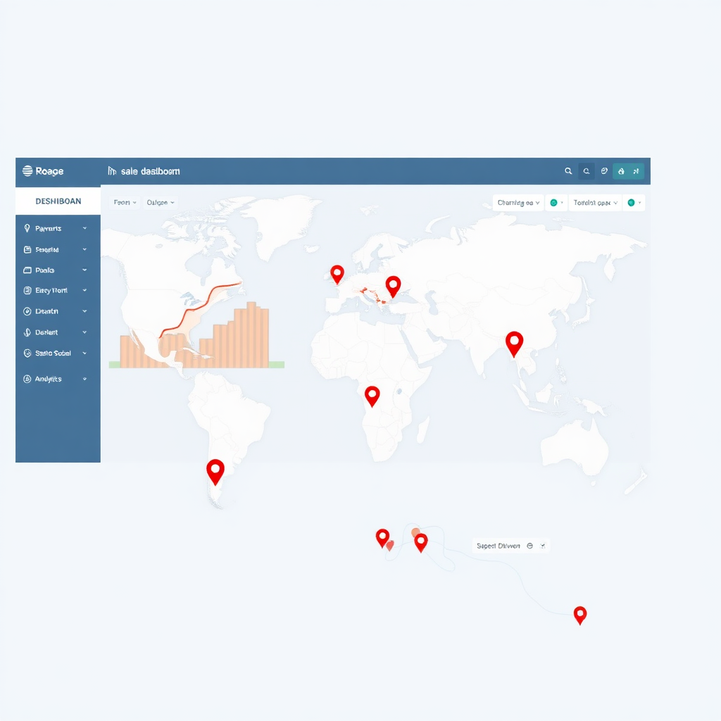 global sales dashboard with analytics, payments system, world map showing student locations