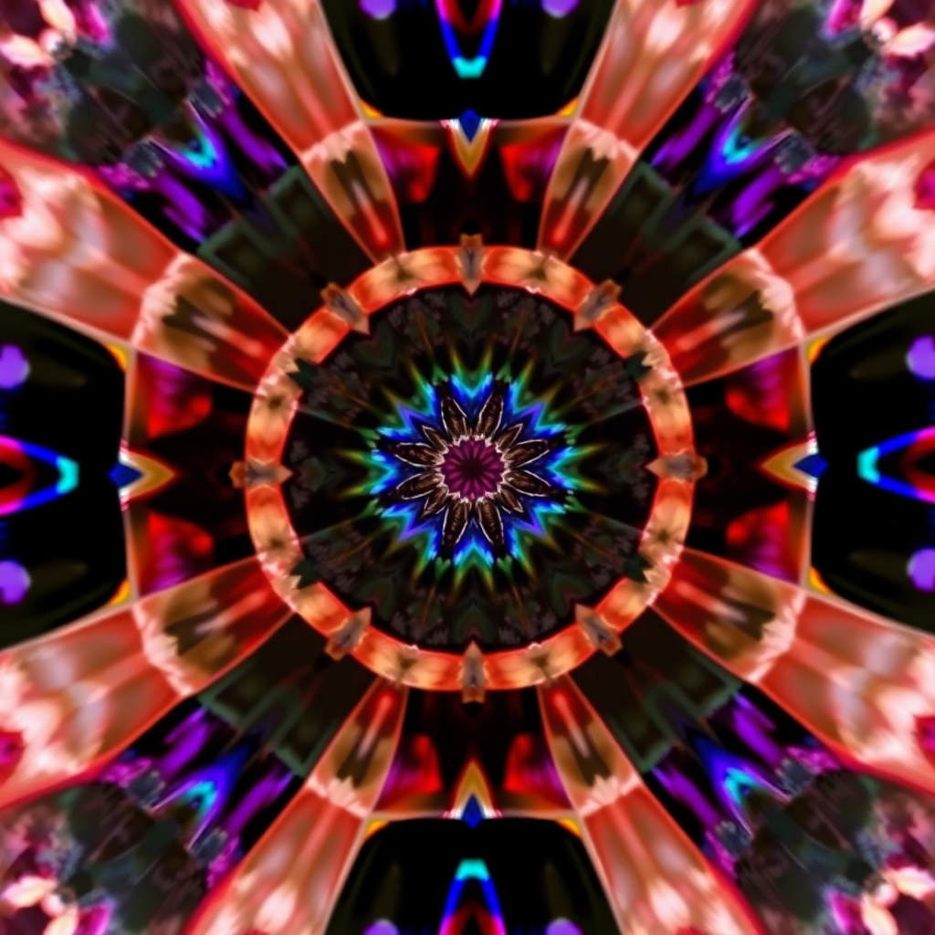 Kaleidoscope interior view showing mirror system and colorful patterns