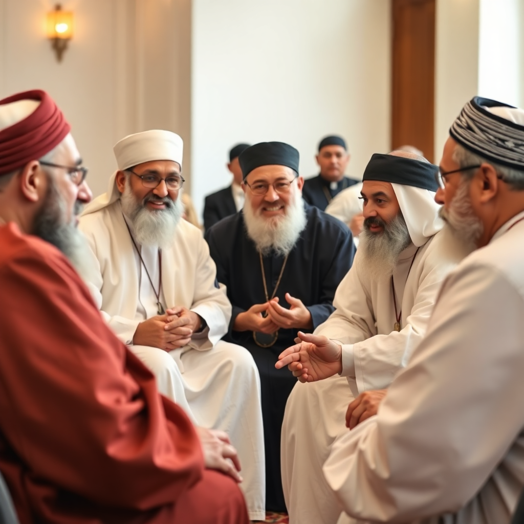 interfaith dialogue meeting, diverse religious leaders in discussion, peaceful gathering