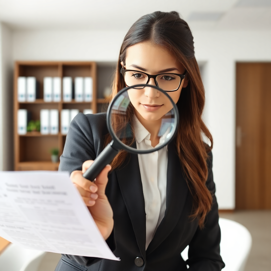 HR professional analyzing documents with magnifying glass, data verification concept, professional office
