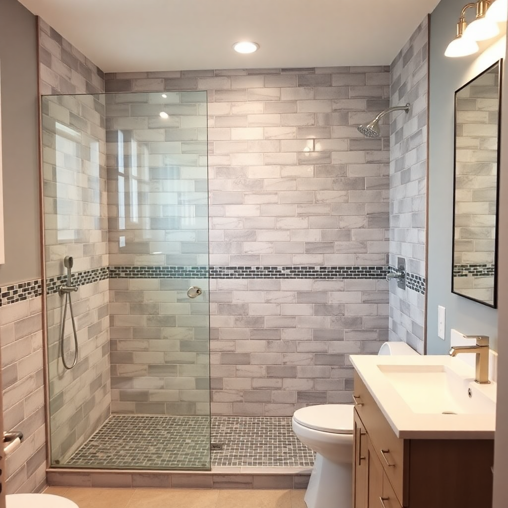 renovated bathroom with new tile shower and modern fixtures