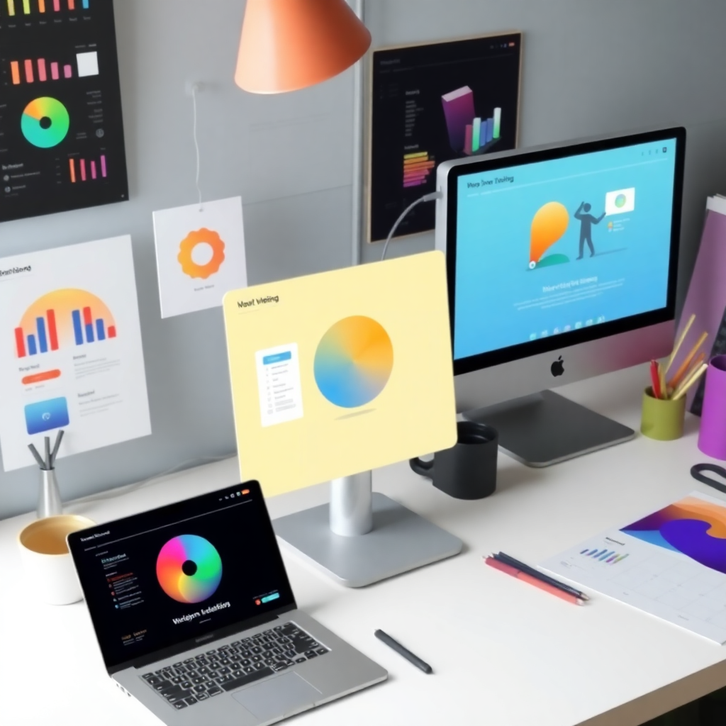 UI/UX design process, design thinking, user interface mockups, colorful design elements, creative workspace