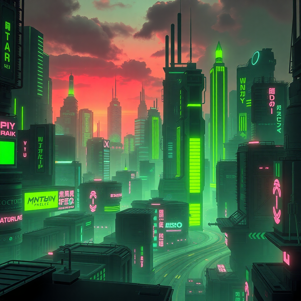 futuristic cyberpunk city landscape with neon green accents, digital art style