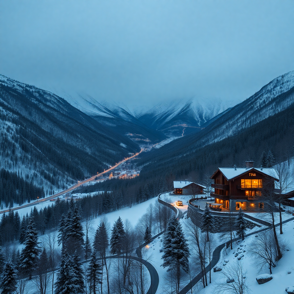 Grau Roig valley Andorra aerial panoramic mountain view Grandvalira ski domain Pyrenees snow winter secluded luxury boutique hotel cinematic editorial dark photography warm champagne tones alpine private retreat