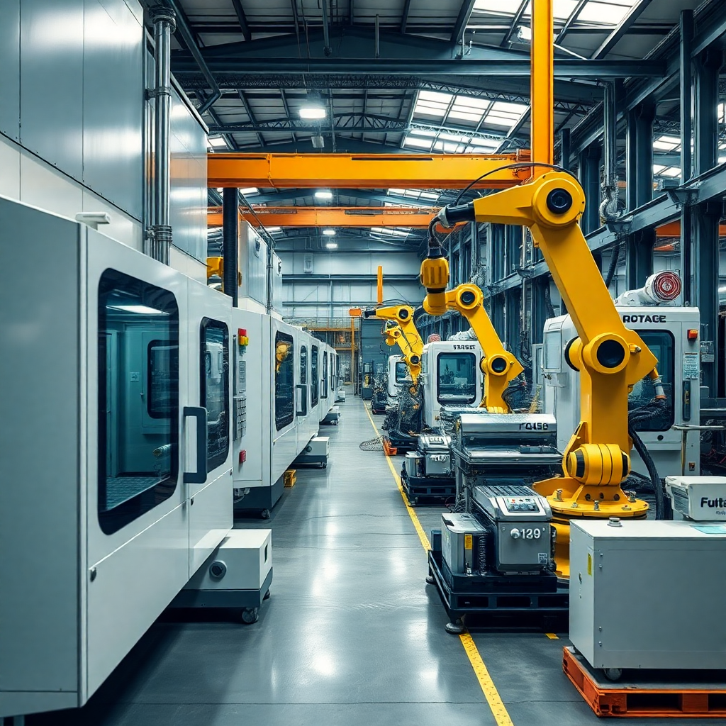 modern industrial machinery manufacturing facility with CNC machines and robotic equipment, heavy machinery assembly line, professional industrial photography, steel blue tones
