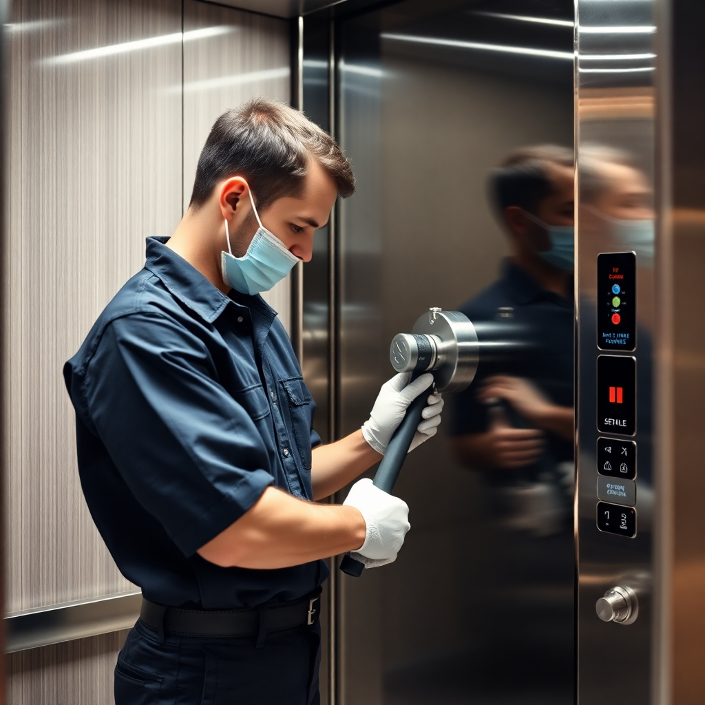 maintenance technician servicing elevator motor, professional tools, clean modern elevator machine room