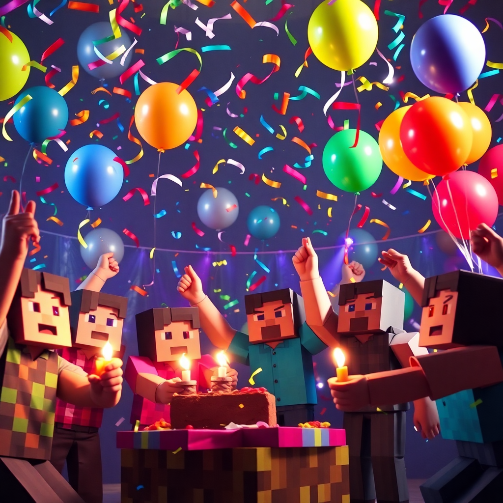 minecraft party scene with colorful confetti, balloons and players celebrating, festive atmosphere