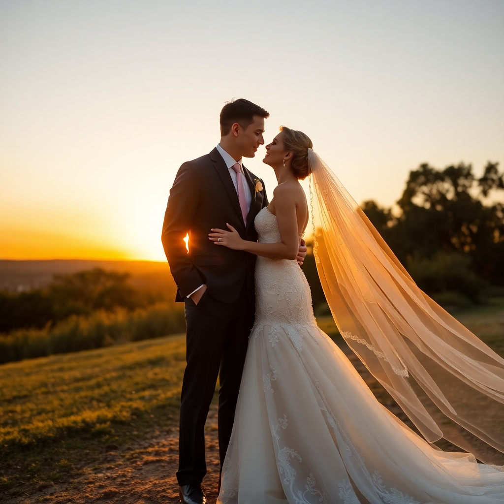 elegant wedding couple outdoor portrait golden hour sunset romantic