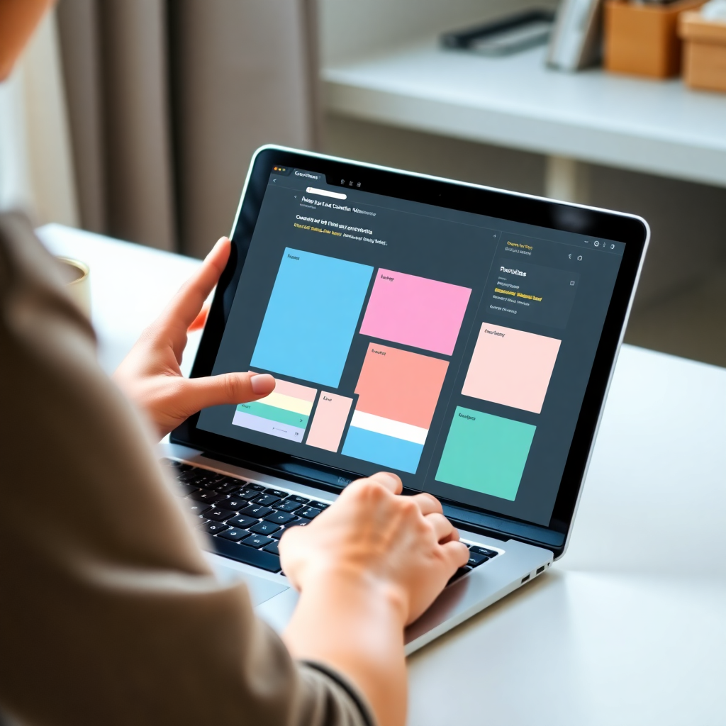 person designing content blocks on a laptop, drag and drop interface, simple modern UI