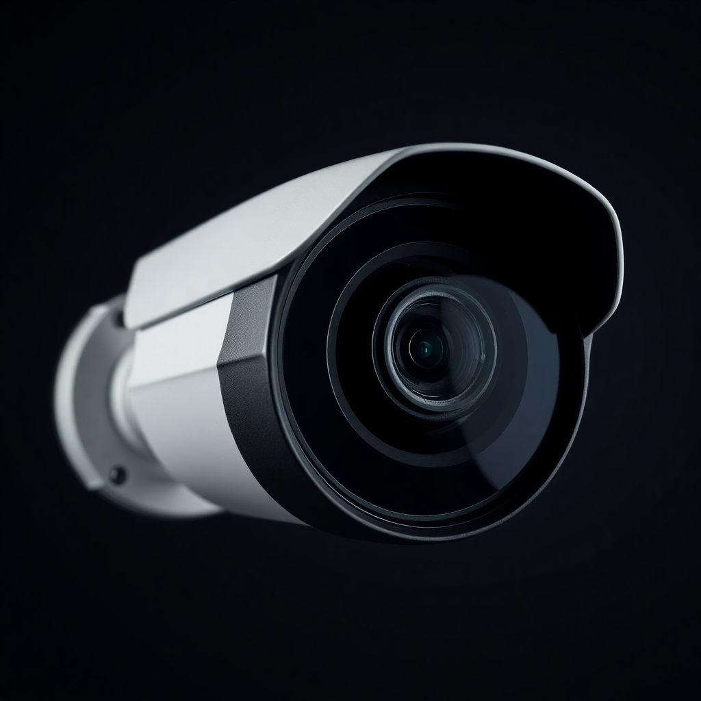 professional security CCTV camera IP high definition, modern surveillance equipment, product shot on dark background